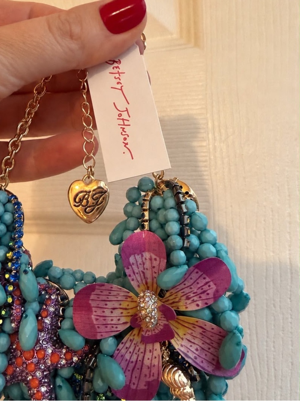 Betsey Johnson Turquoise Beaded Floral Statement Necklace with Pink Accent - Picture 4 of 4